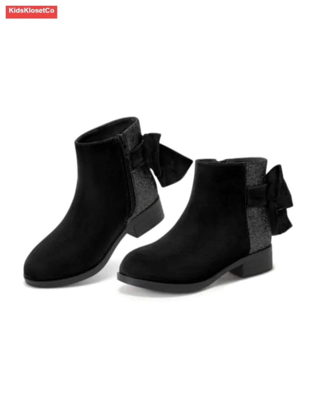 Girls Glitter Bow Ankle Boots Faux Suede Low Chunky Heel Zip Dress Booties